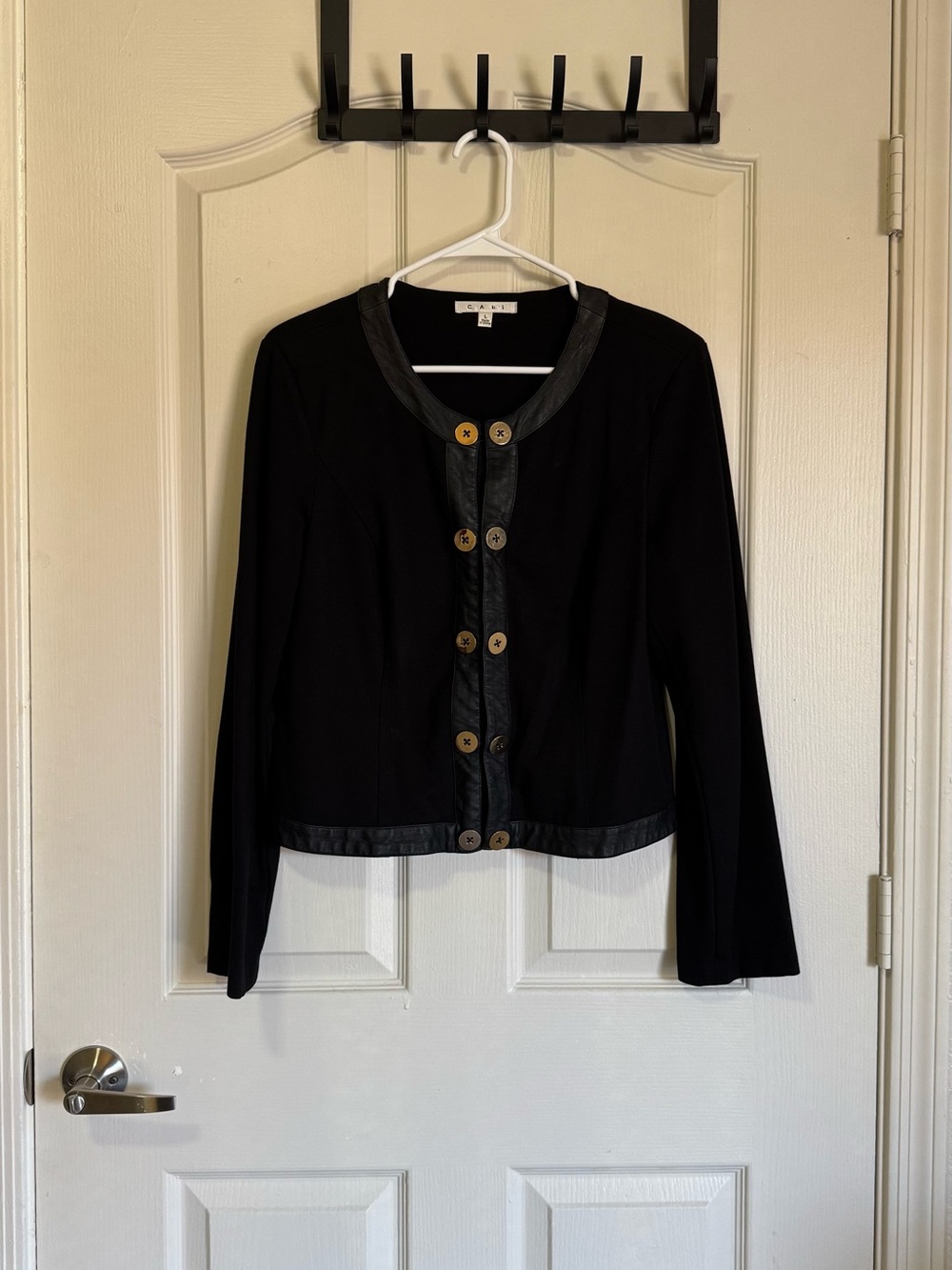CAbi Black Cardigan with Leather-Trim and Gold Buttons